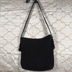 The SAK Shoulder Handbag Purse Black Crochet Woven Knit Fabric 11x11 (JL)